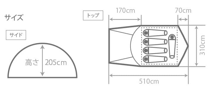 DOD「ザ・テントL」のサイズ説明イラスト