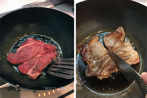 鉄フライパンは金属製調理器具が使える／ターナーで肉をすくう／包丁で肉を切る