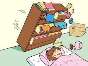 タンスが寝ている人めがけて倒れるイラスト