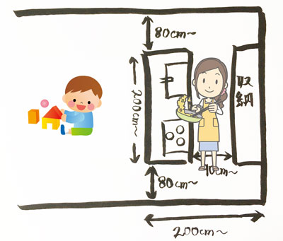 アイランドキッチンで子供の様子を見ながら料理をするママのイラスト